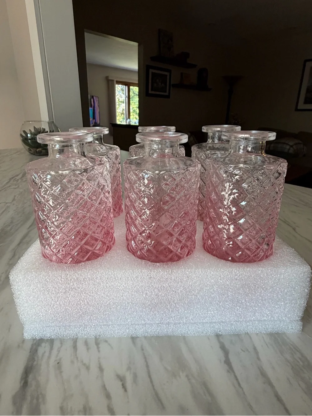 Set of Six Pink Diamond-Texture Glass Vases